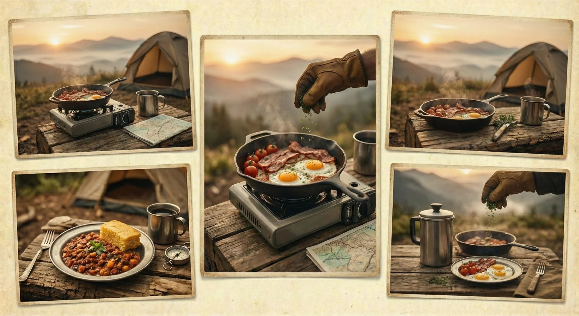 Camping breakfast with mountain view